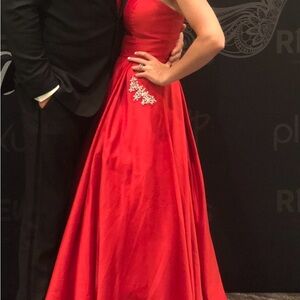 Blondie Nites Red Satin Prom Dress with Crystal Embellishment